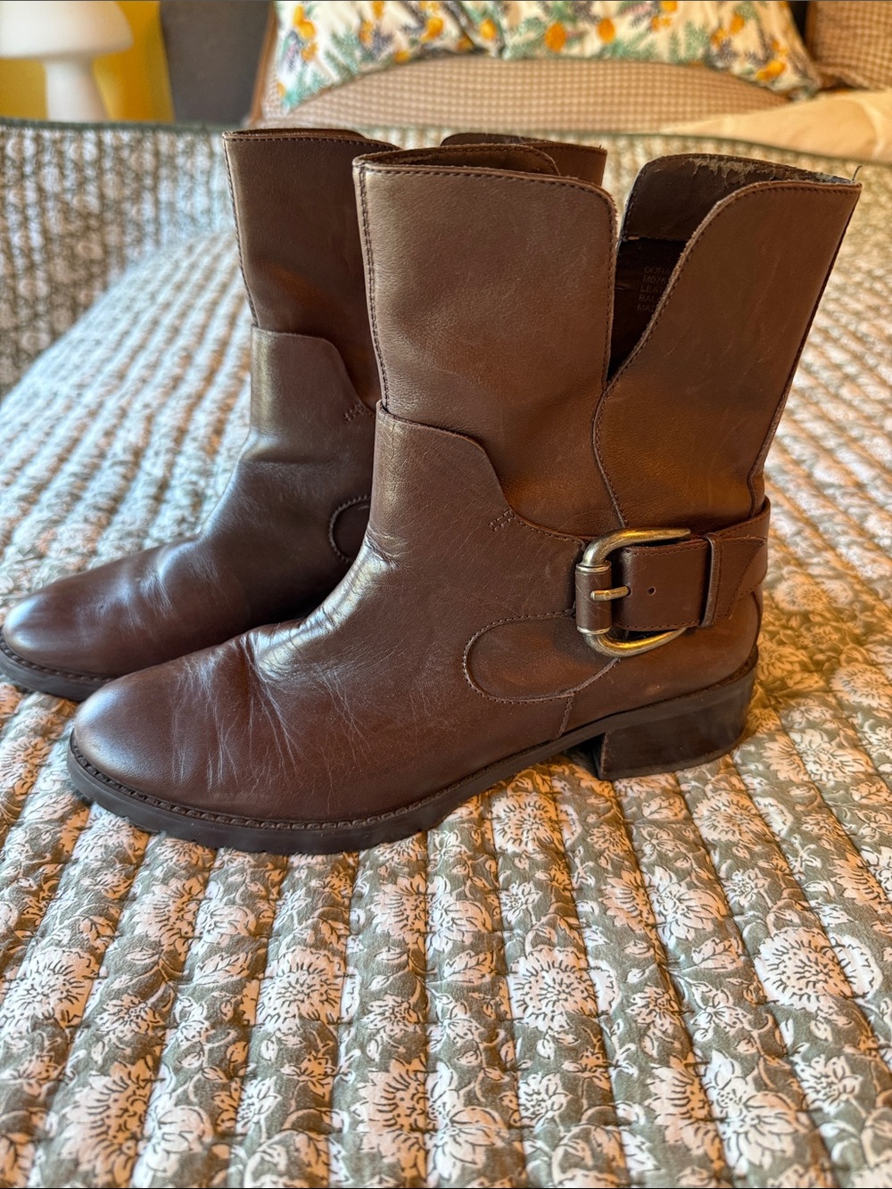 Donald J. Pliner Dark Brown Leather Buckle Moto Boots